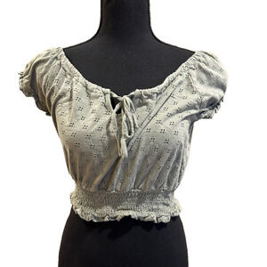 OLIVE GREEN EYELET SHORT SLEEVE TOP